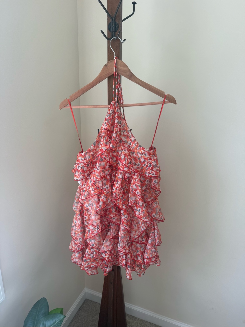 Ronny Kobo Collection Coral Pink Floral Ruffled Halter Mini Dress
